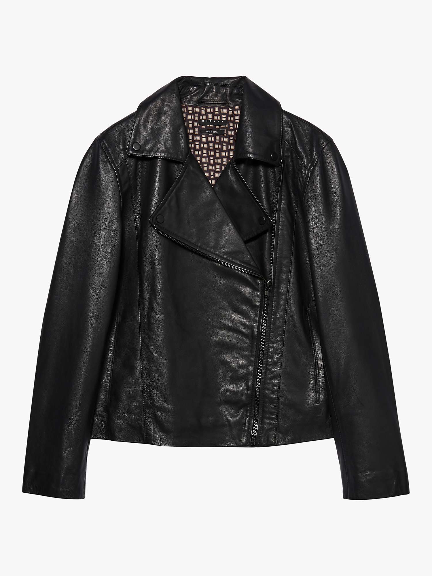 Buy SISLEY Regular Fit Leather Biker Jacket, Black Online at johnlewis.com