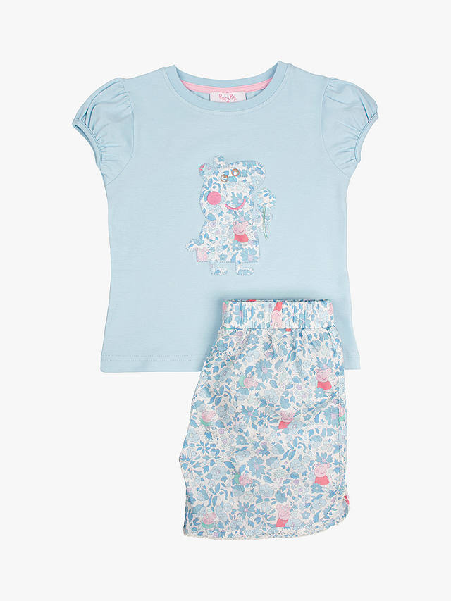 Trotters Kids' Peppa Pig Applique Shorts Pyjamas, Blue Peppa Meadow