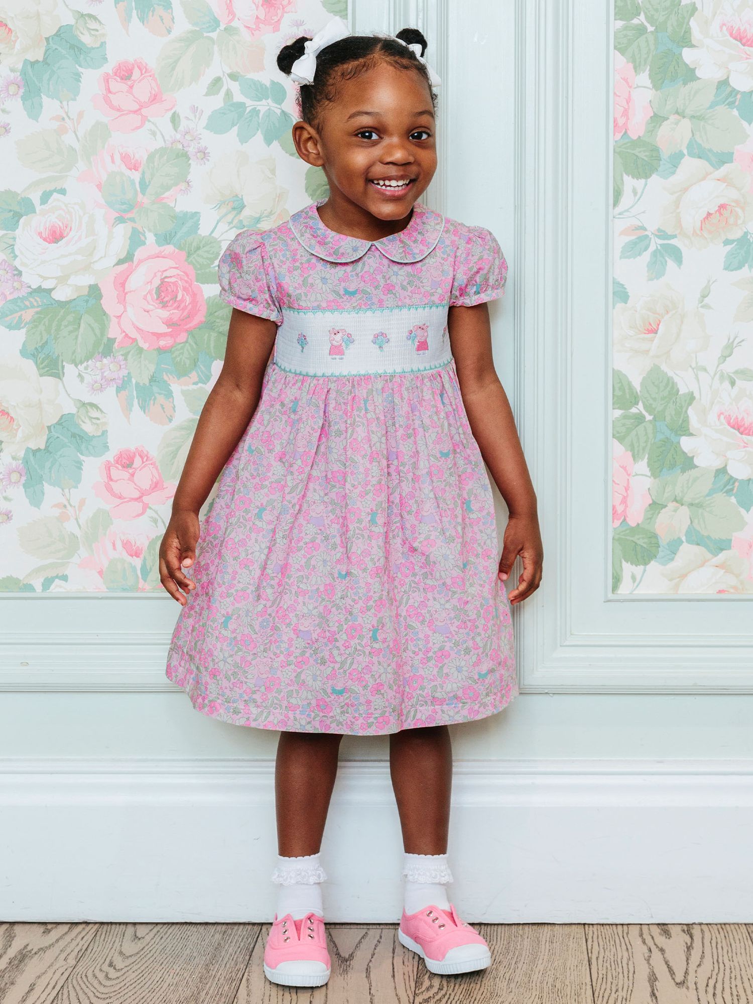 Buy Trotters Kids' Peppa Pig Meadow Liberty Print Smock Party Dress, Pink/White Online at johnlewis.com