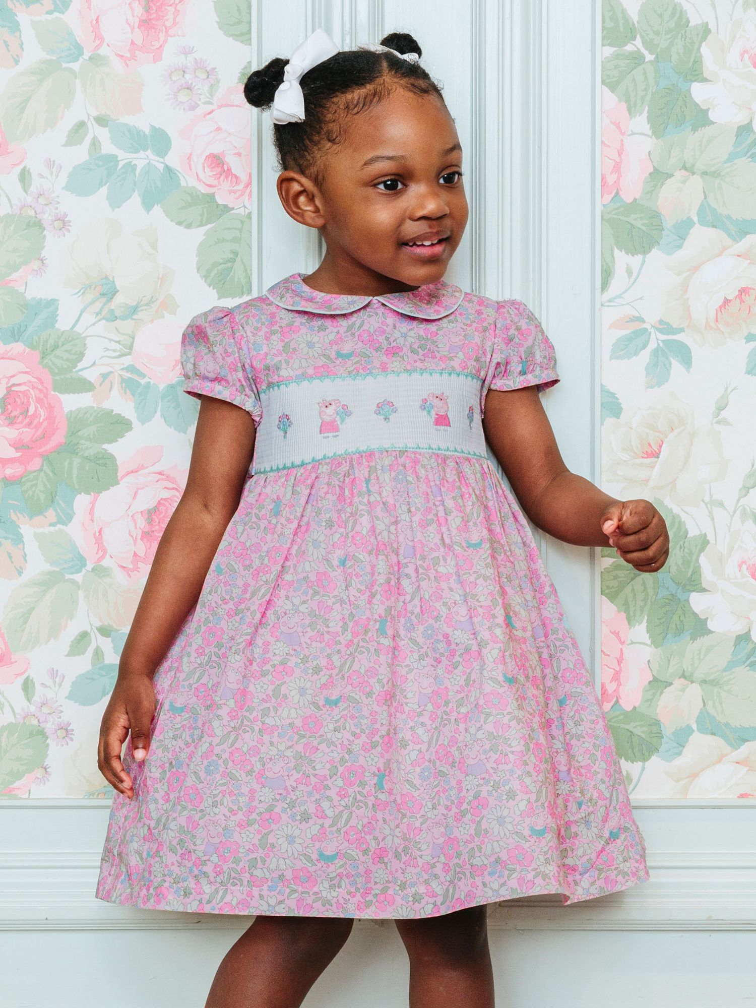 Buy Trotters Kids' Peppa Pig Meadow Liberty Print Smock Party Dress, Pink/White Online at johnlewis.com