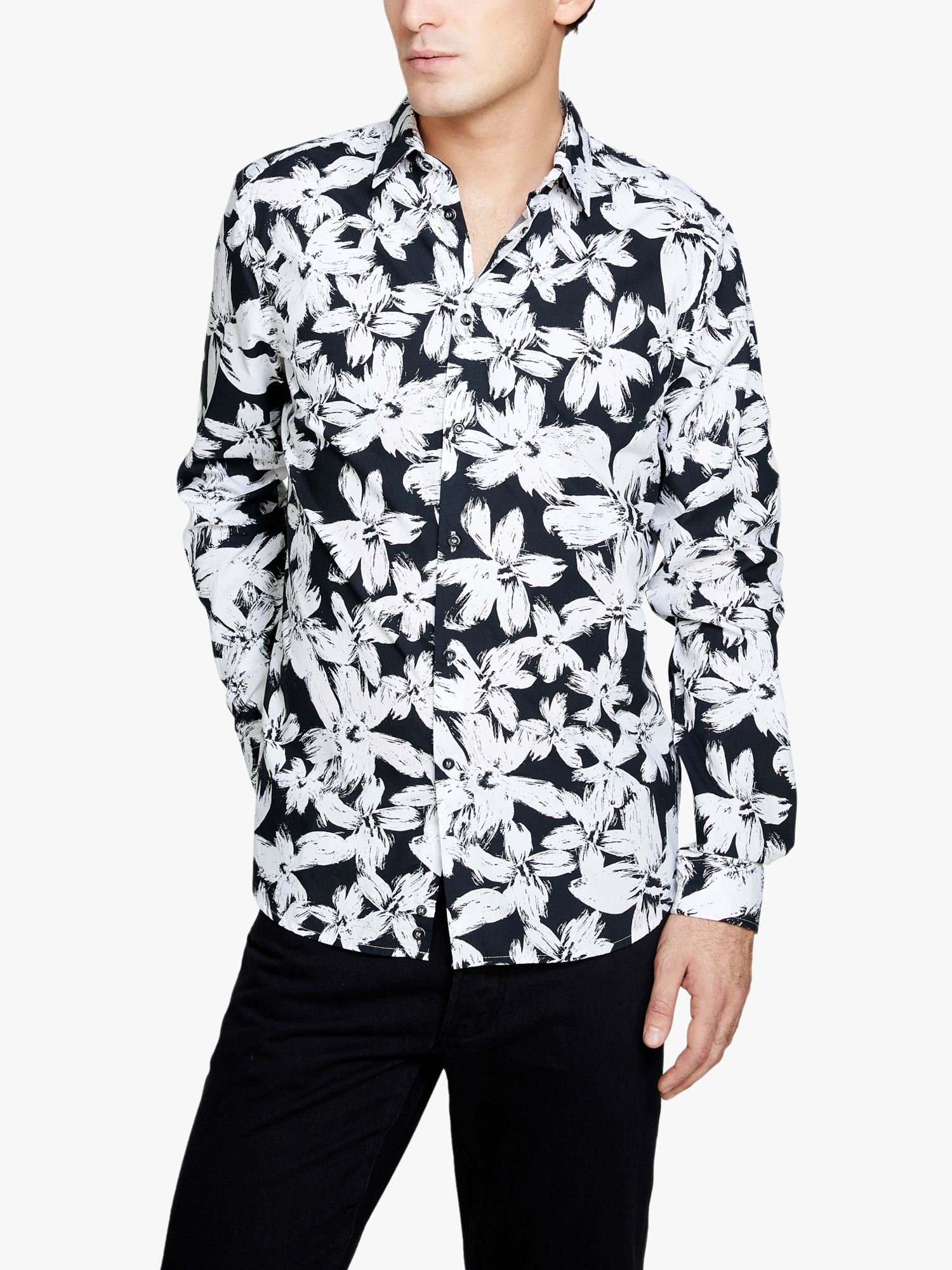SISLEY Floral Print Cotton Poplin Shirt, Black/Multi, 16.5