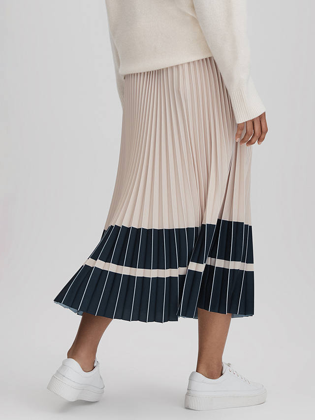 Reiss Marie Pleated Colour Block Midi Skirt, Nude/Navy