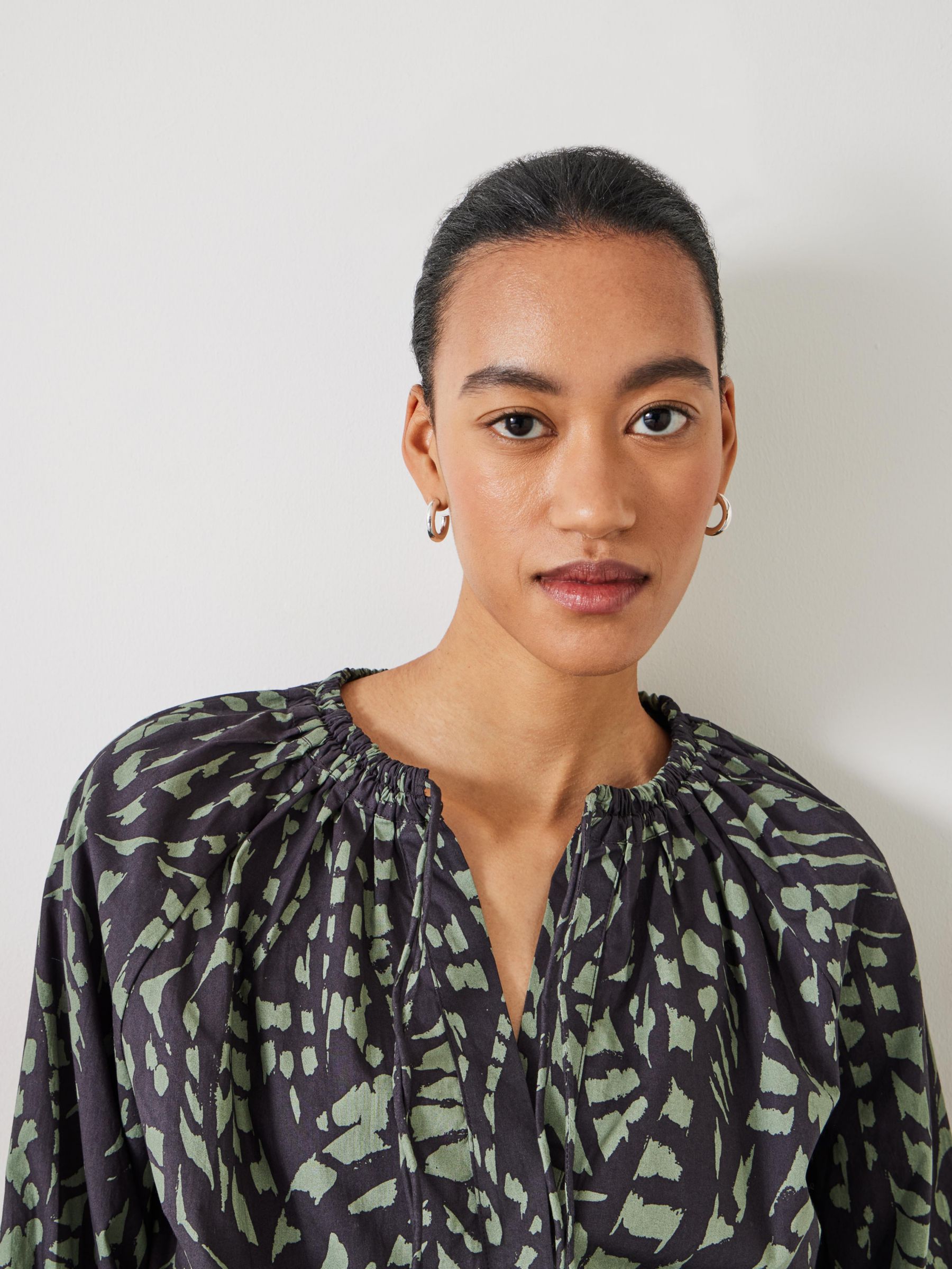 Buy HUSH Monika Cotton Tie Blouse, Abstract Boho Charcoal Online at johnlewis.com