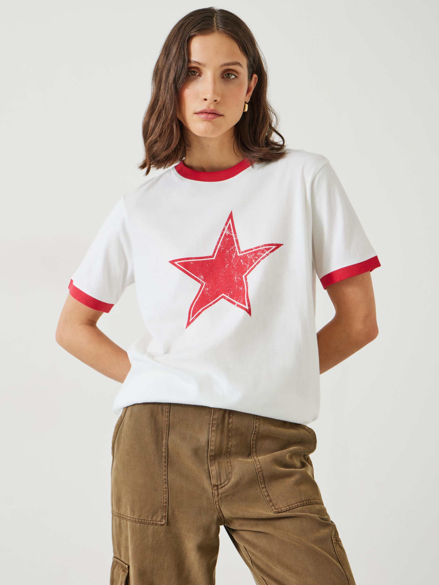 HUSH Shaan Star Ringer Cotton T-Shirt, White/Red, M
