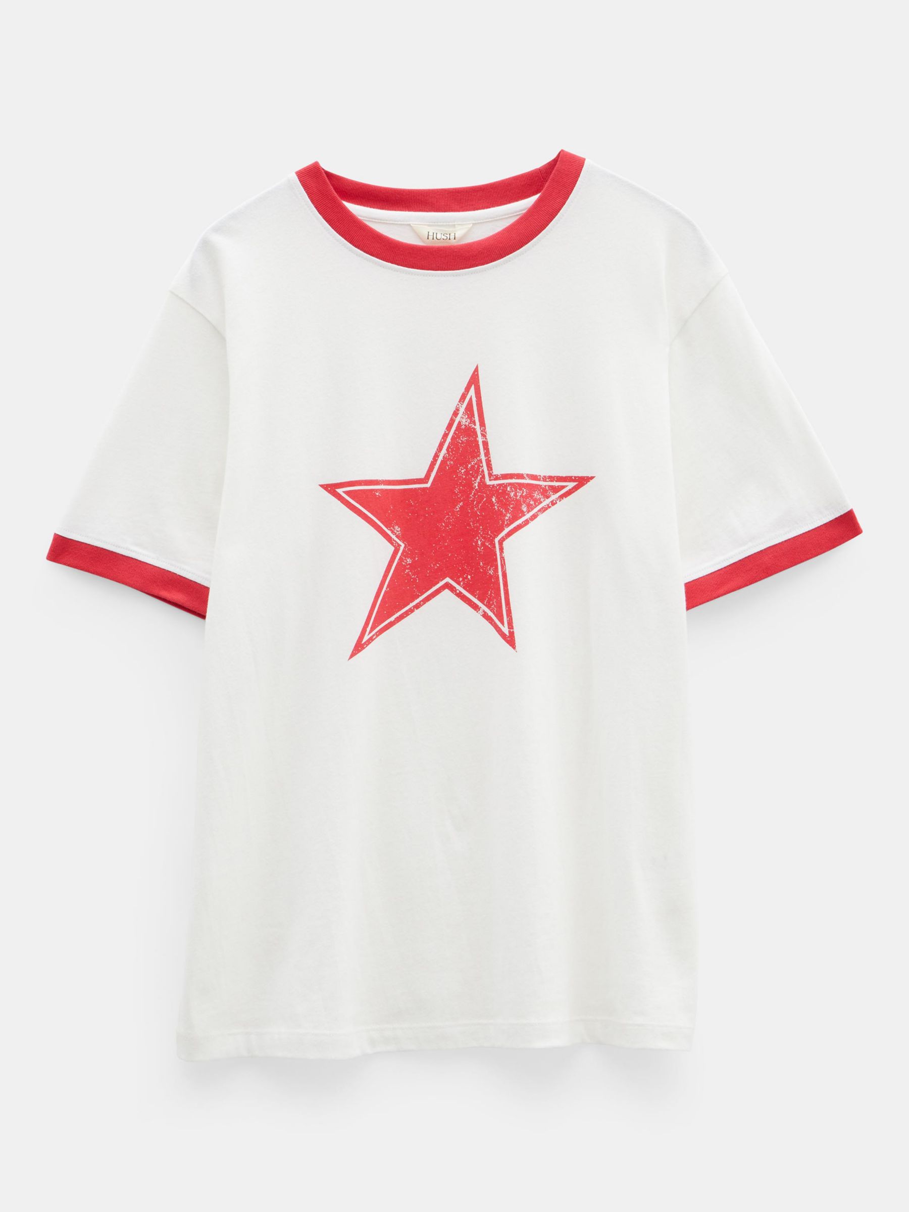 HUSH Shaan Star Ringer Cotton T-Shirt, White/Red, M