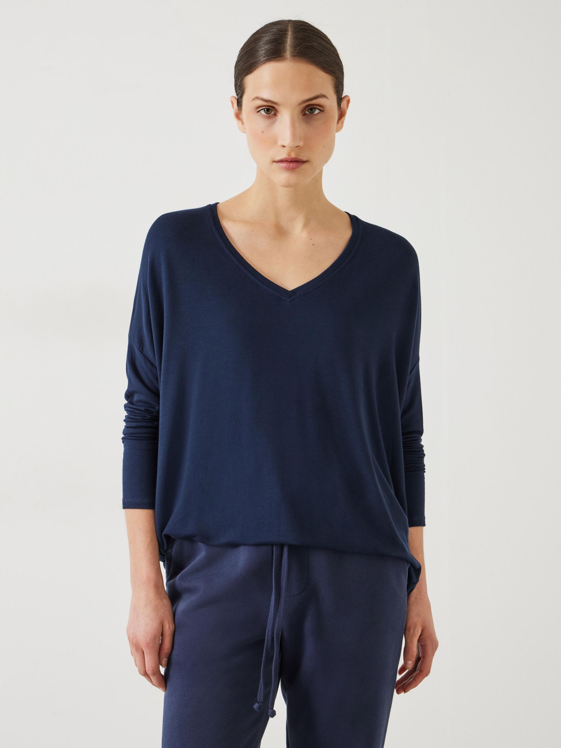 HUSH Gillian V Neck Longline Jersey Top, Midnight