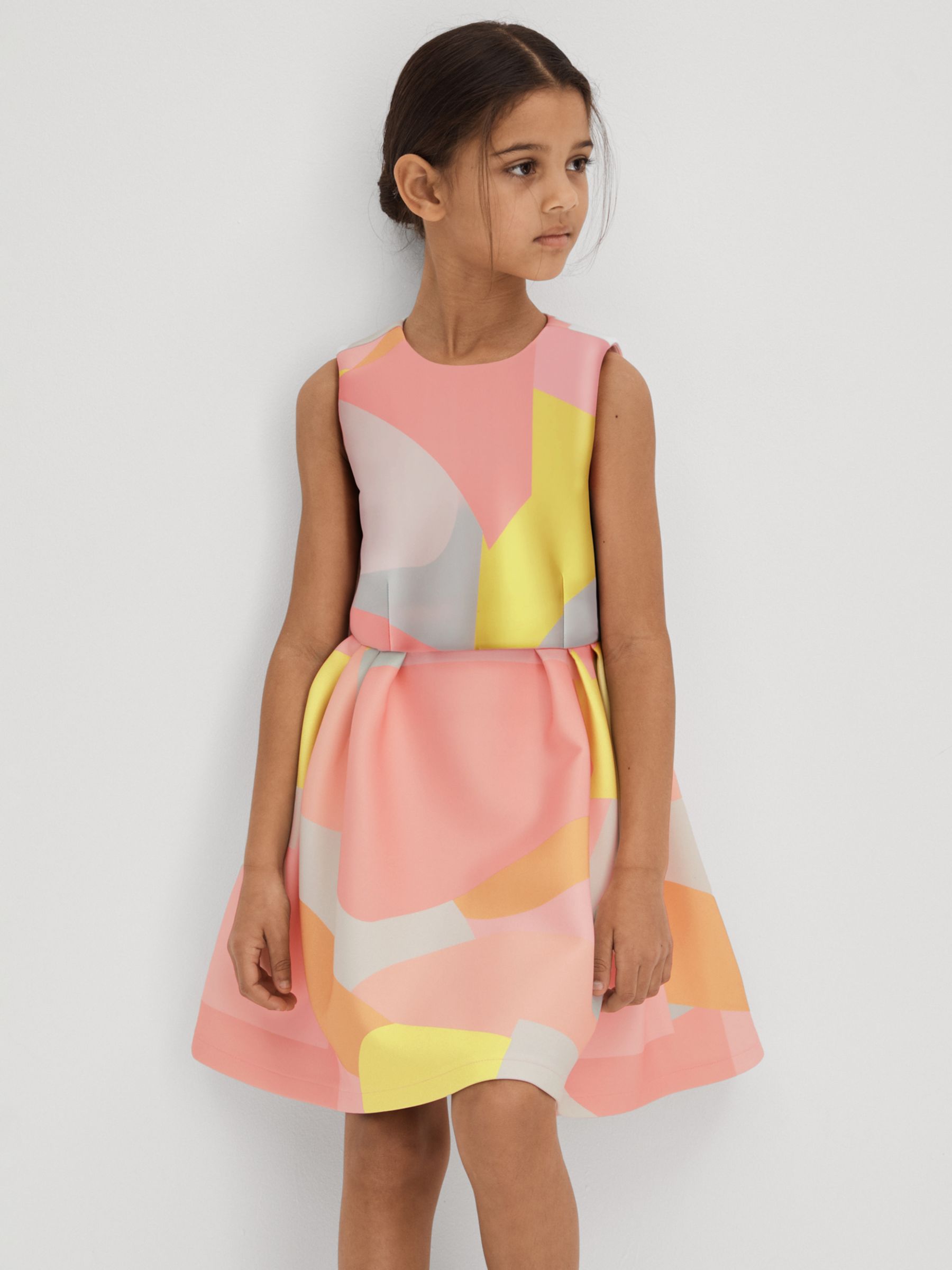 Reiss Kids' Trinny Abstract Print Pleated Scuba Dress, Multi, 4-5 years