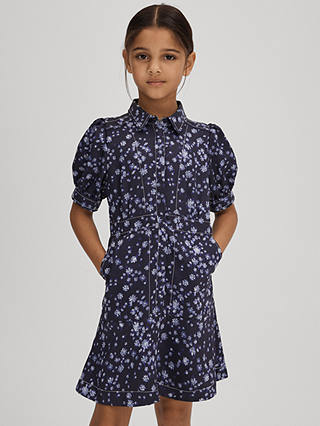 Reiss Kids' Joanne Floral Print Contrast Stitch Dress, Navy