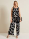 Phase Eight Aubrey Leaf Print Wide Leg Jumpsuit, Black/Multi