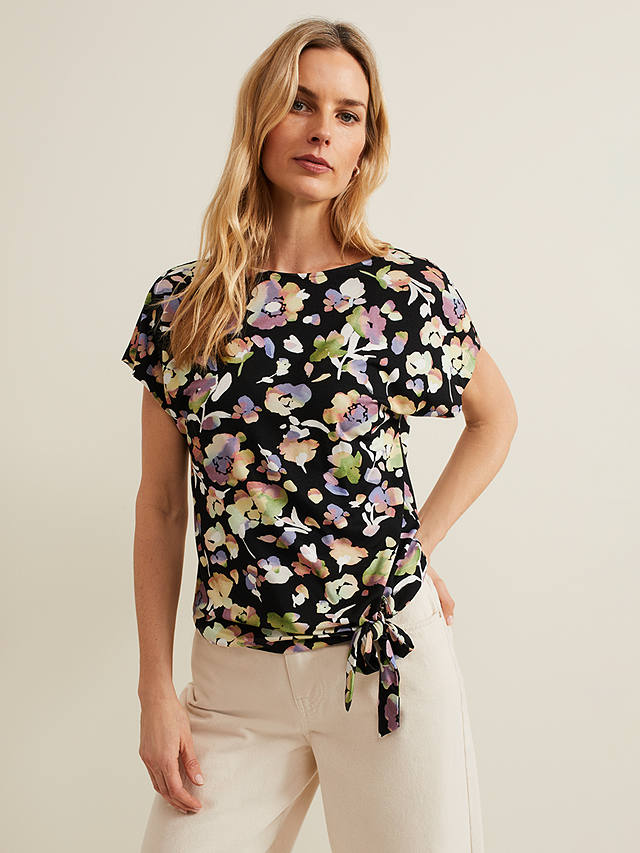 Phase Eight Maddie Watercolour Floral Print Top, Black/Multi
