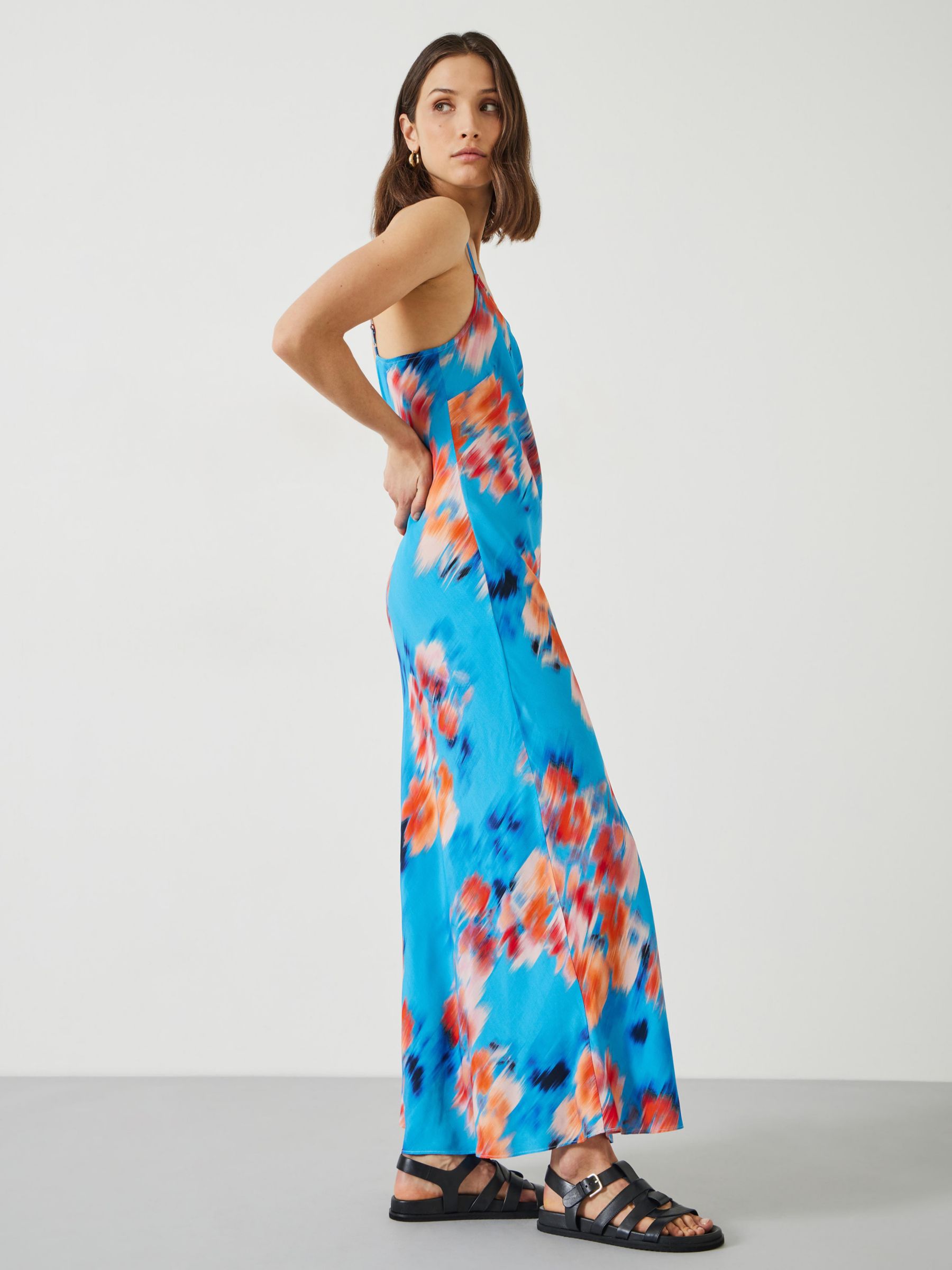 HUSH Skye Blurred Floral Print Maxi Slip Dress, Blue/Multi, 4