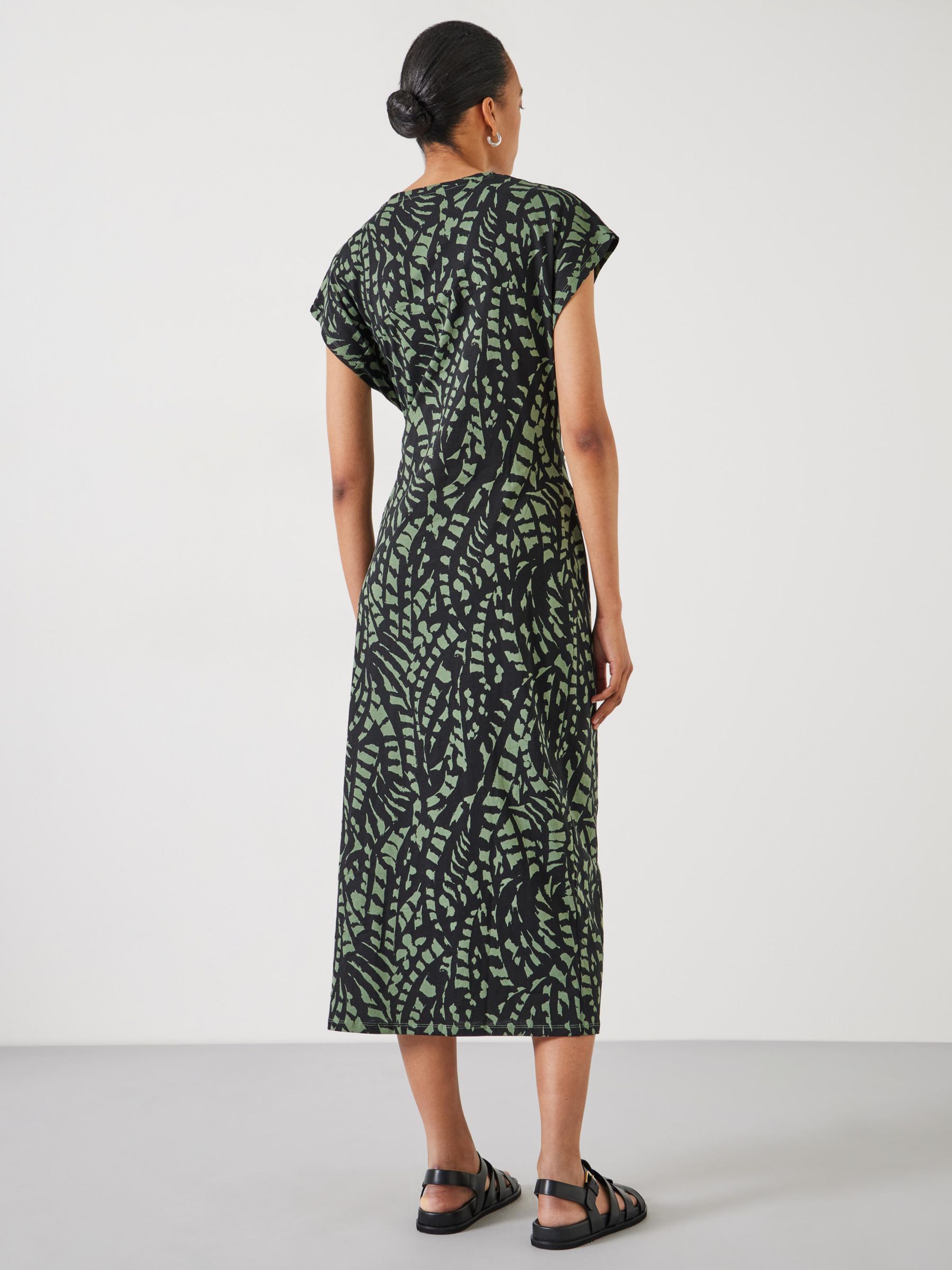 HUSH Trinny Abstract Print Midi Cotton Jersey Dress, Charcoal/Green, 10