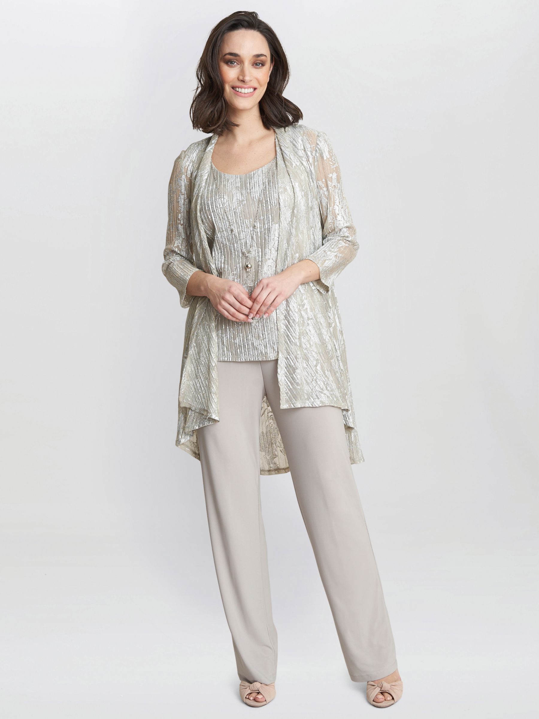 Gina Bacconi Mabel Three Piece Jacquard Trouser Suit, Champagne, 10