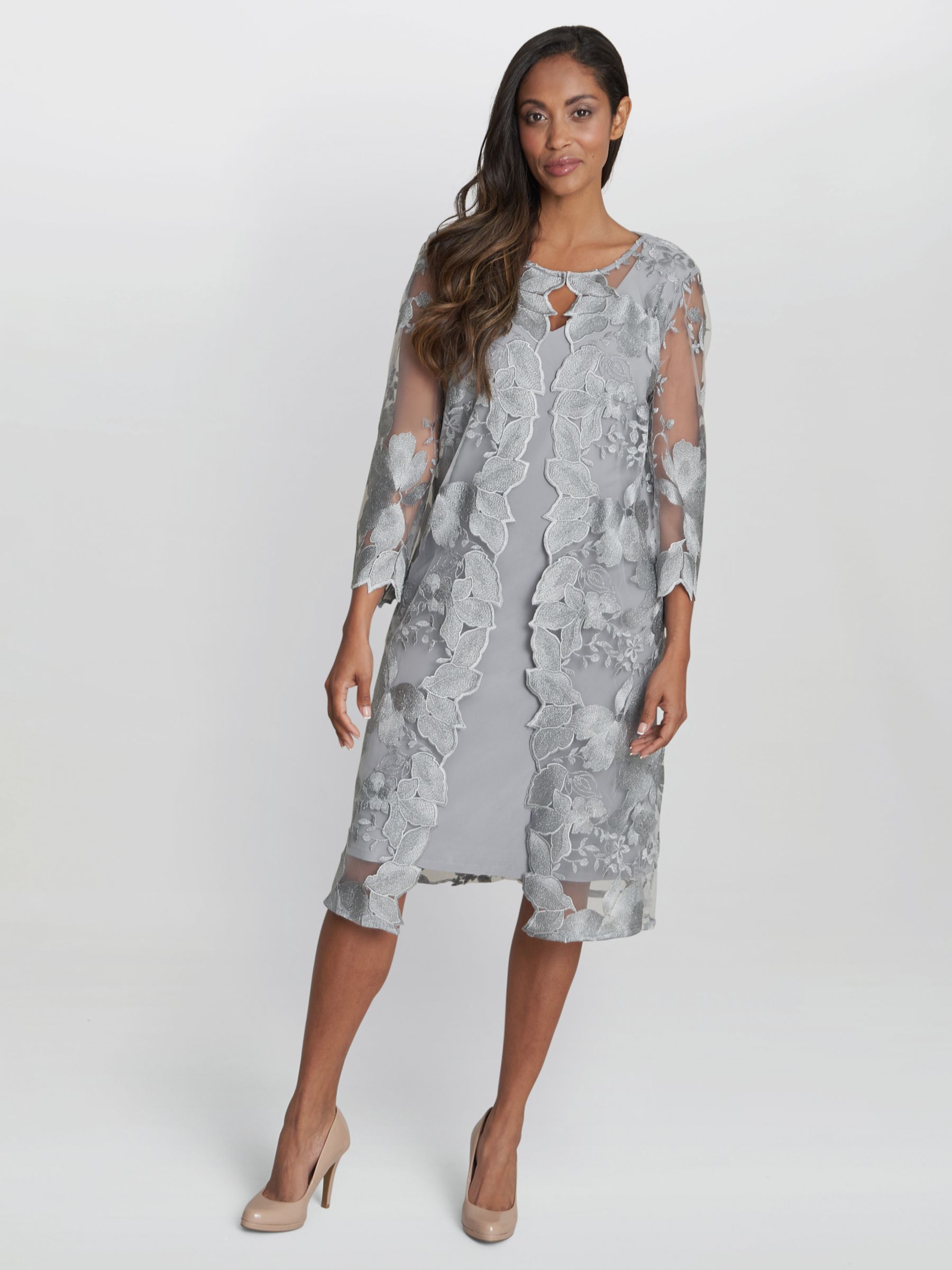 Gina Bacconi Savoy Embroidered Lace Mock Jacket With Jersey Dress, Dove ...