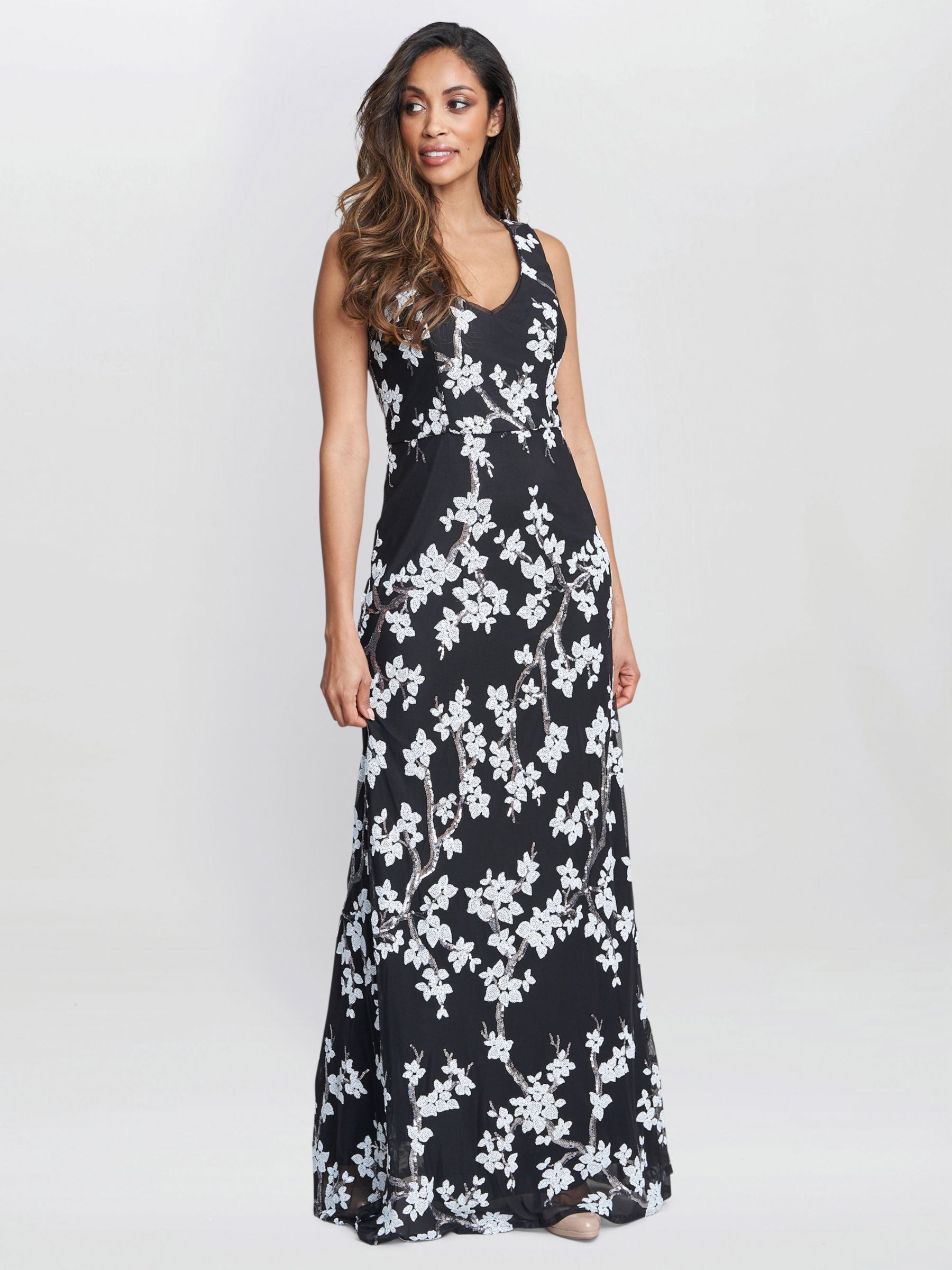 Gina Bacconi Flavia Floral Maxi Dress, Black/White, 8