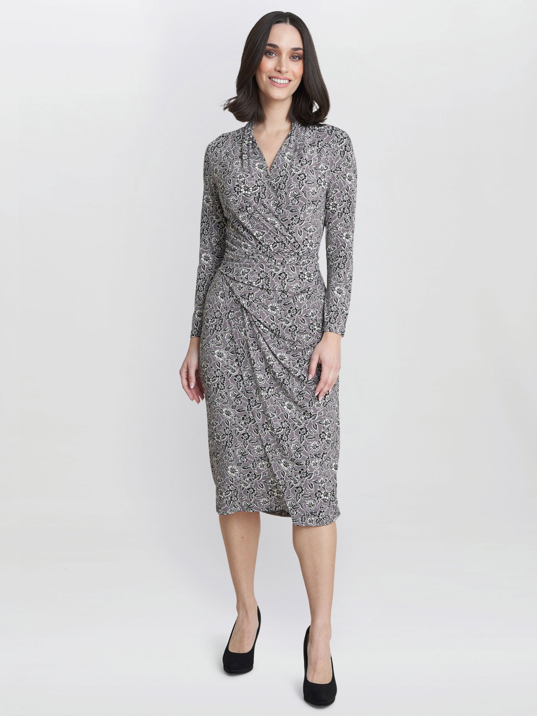 Gina Bacconi Floral Ruched Waist Jersey Dress, Silver Grey, 8
