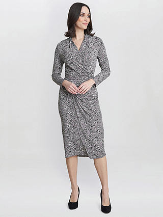 Gina Bacconi Floral Ruched Waist Jersey Dress, Silver Grey