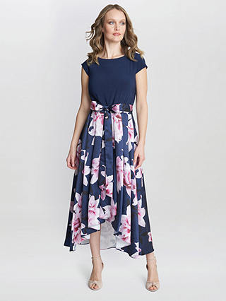 Gina Bacconi Billie Printed High Low Dress With Tie Belt, Navy/Multi
