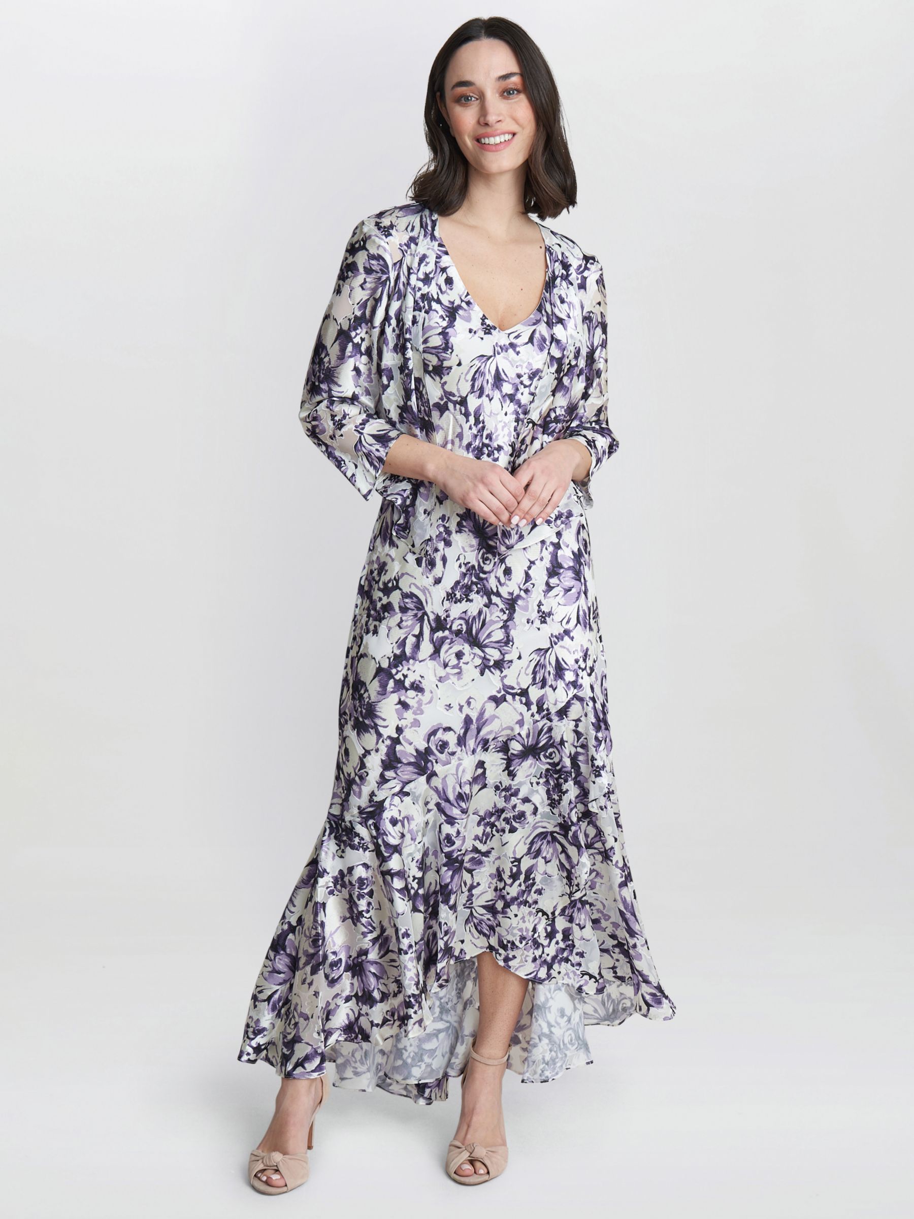 Gina Bacconi Rina Sleeveless Midi Dress And Jacket, Ivory / Purple, 10