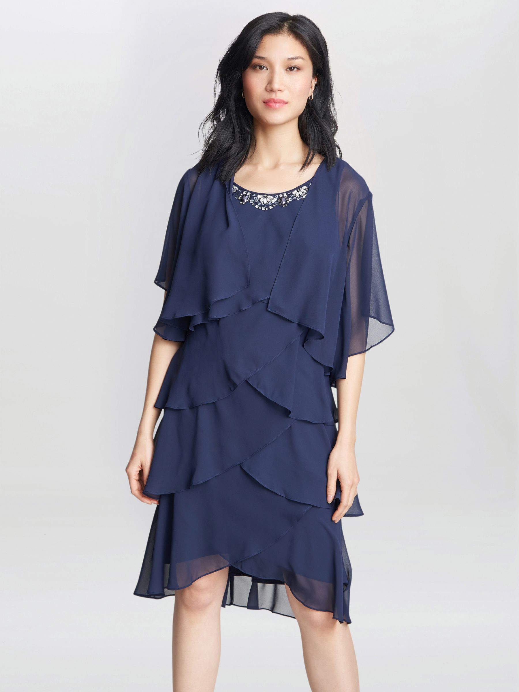 Gina Bacconi Toni Chiffon Tier Jacket and Beaded Neck Dress, Navy, 12