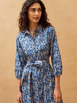 Brora Abstract Print Organic Cotton Midi Shirt Dress, Indigo Zigzag