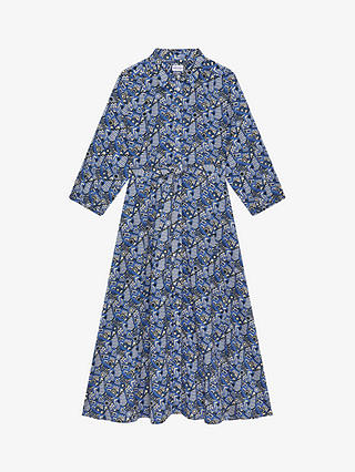 Brora Abstract Print Organic Cotton Midi Shirt Dress, Indigo Zigzag