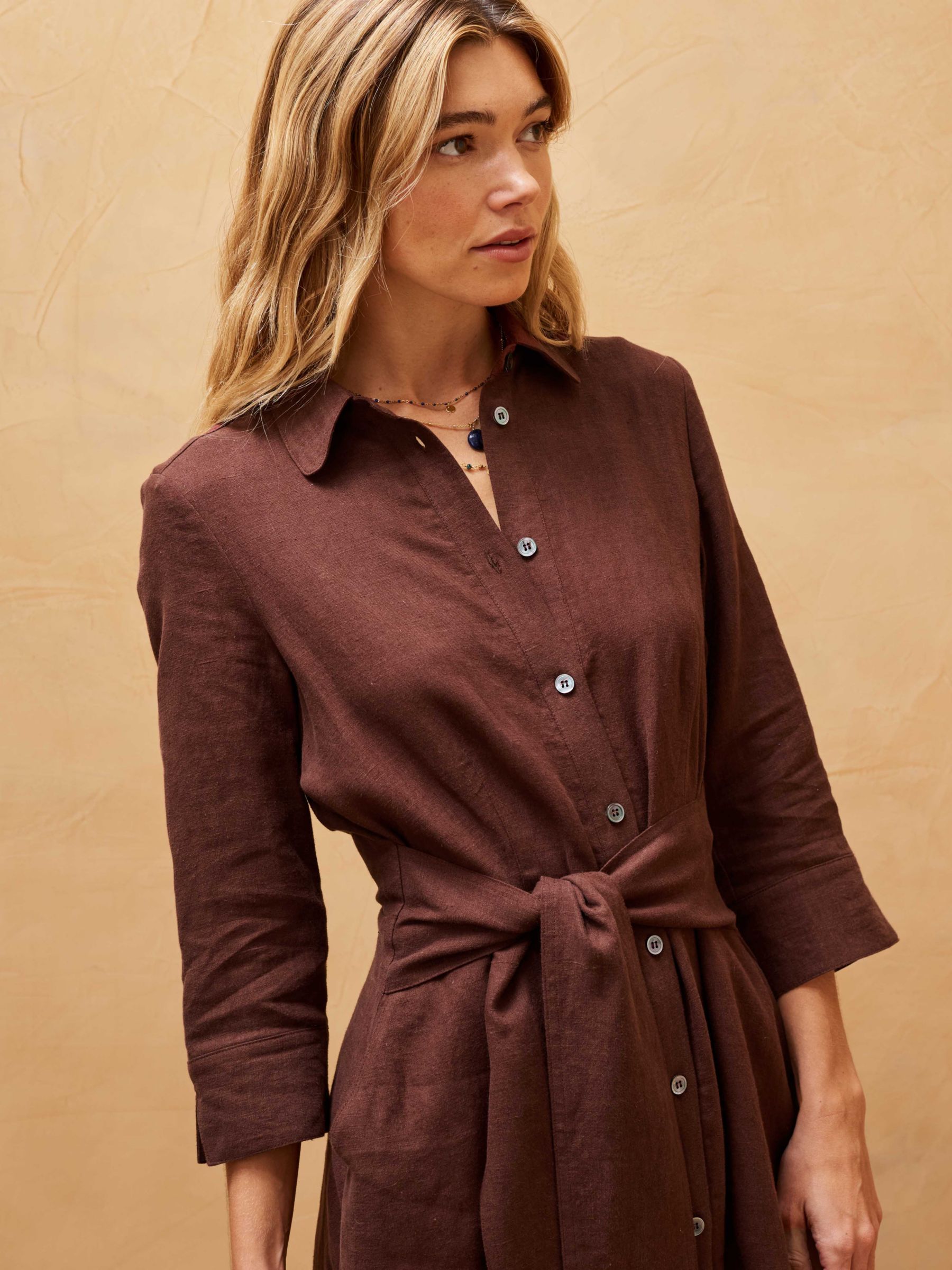 Brora Linen Midi Shirt Dress, Chocolate, 12