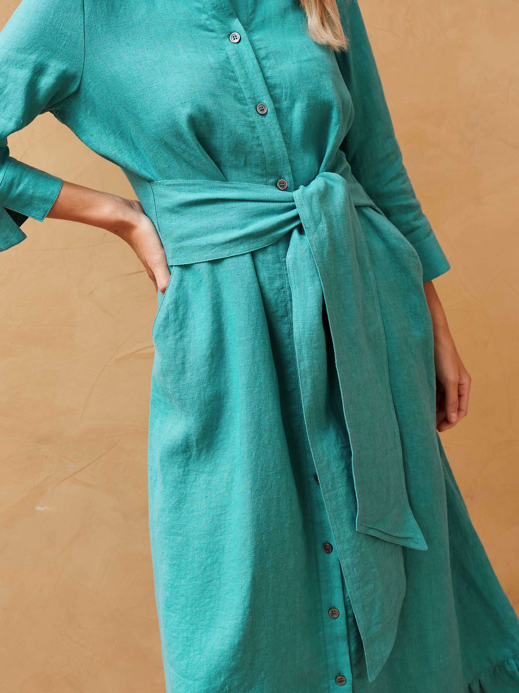 Buy Brora Linen Frill Hem Midi Shirt Dress, Ocean Online at johnlewis.com