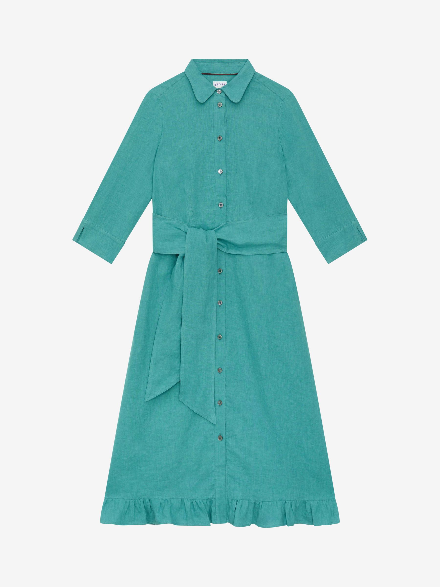 Buy Brora Linen Frill Hem Midi Shirt Dress, Ocean Online at johnlewis.com