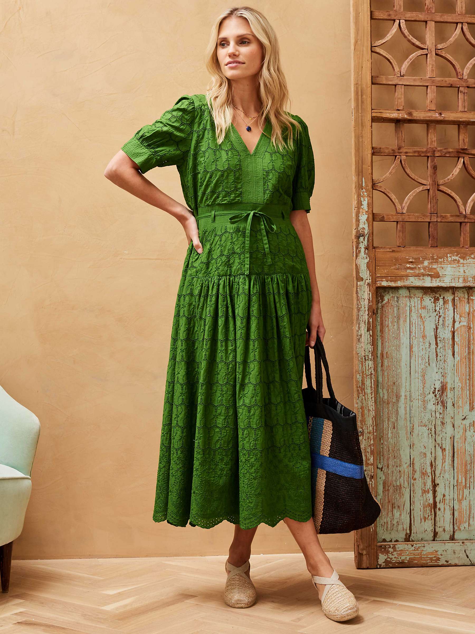 Buy Brora Organic Cotton Broderie Anglaise Midi Dress, Nettle Online at johnlewis.com