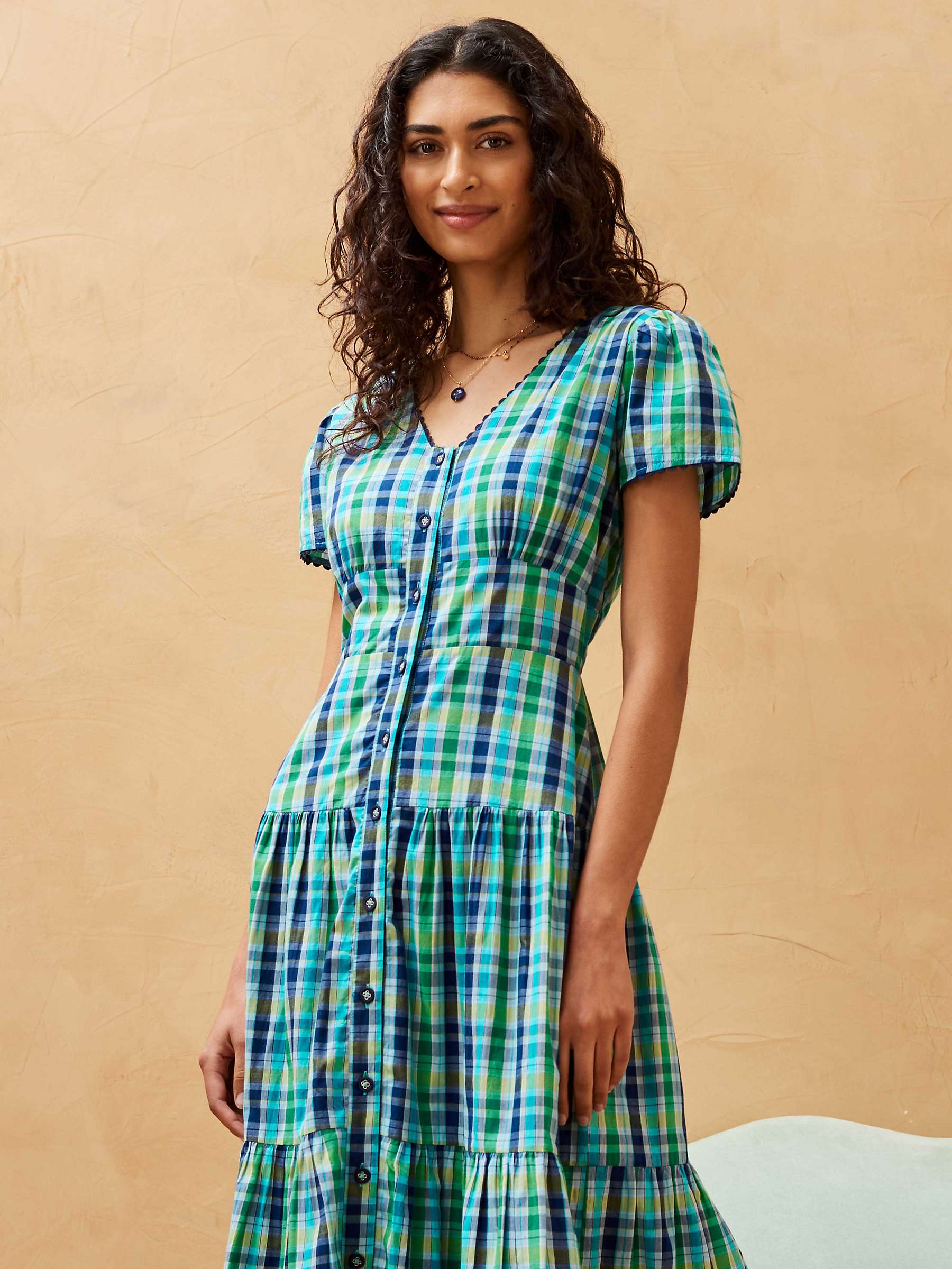 Buy Brora Cotton Check Tiered Midi Dress, Emerald/Multi Online at johnlewis.com