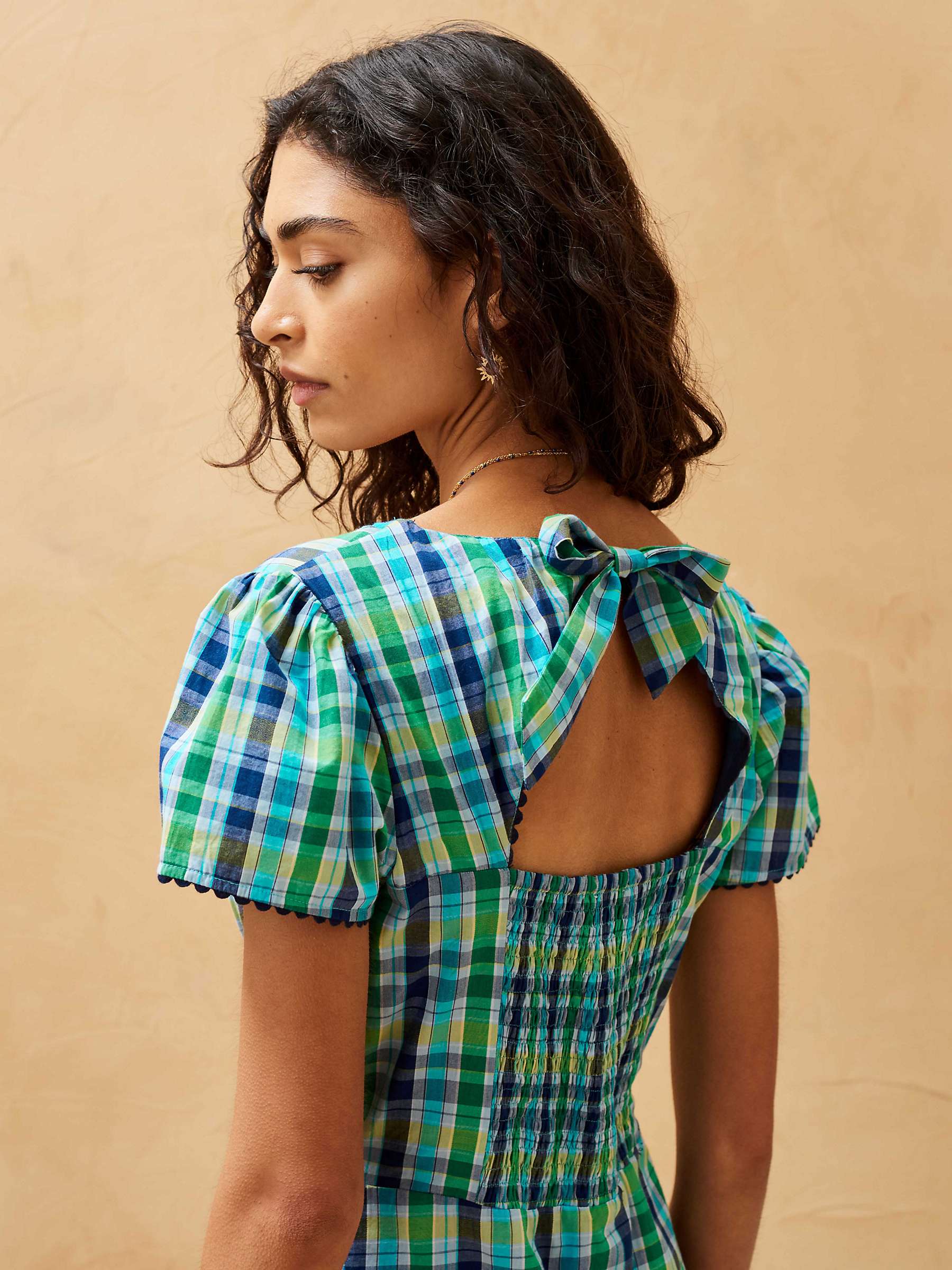 Buy Brora Cotton Check Tiered Midi Dress, Emerald/Multi Online at johnlewis.com
