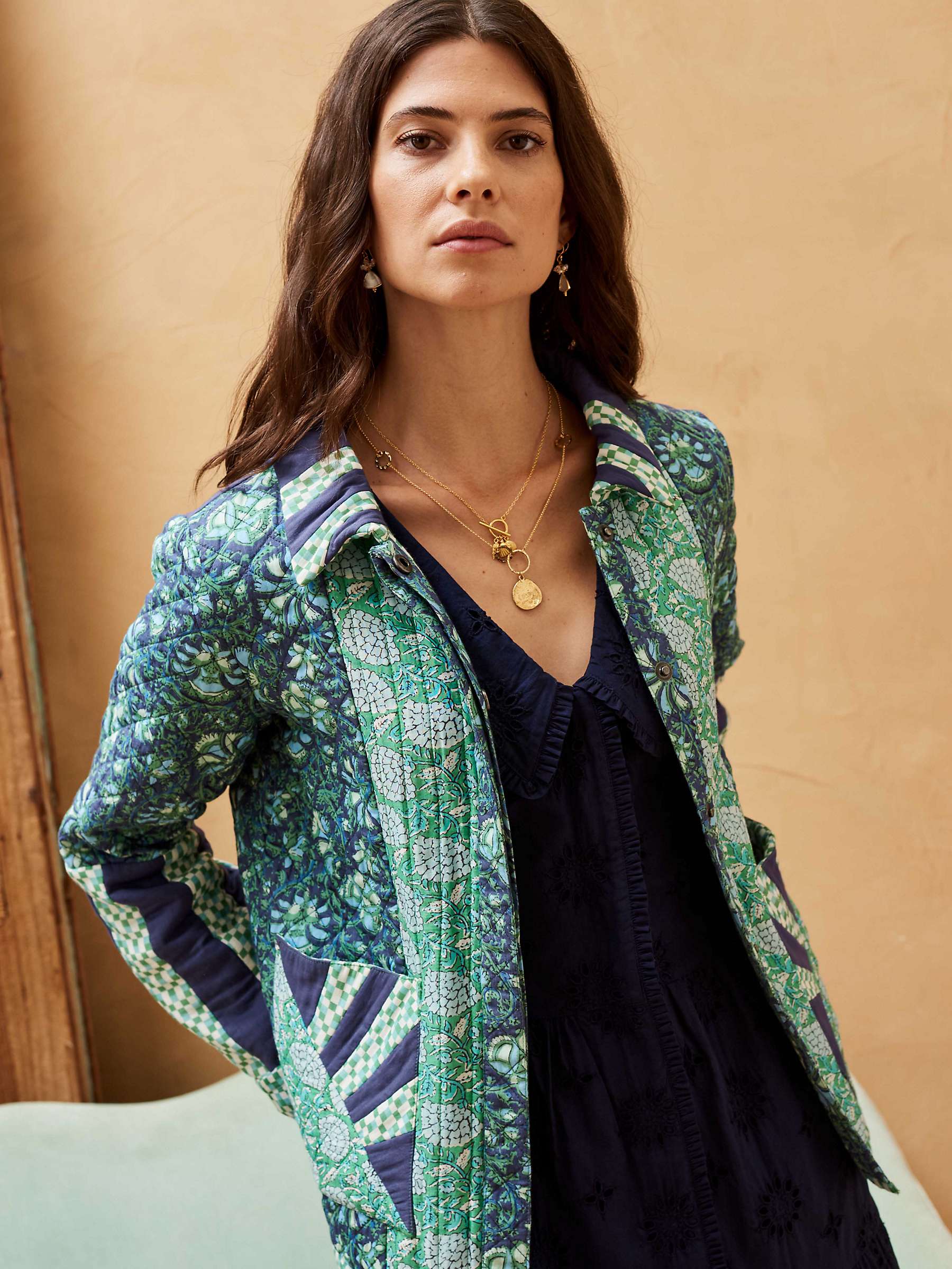 Buy Brora Cotton Block Print Quilted Jacket, Emerald/Multi Online at johnlewis.com
