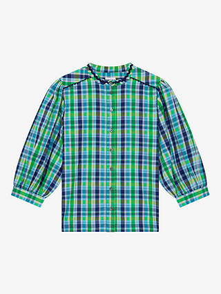 Brora Ric Rac Trim Checked Shirt, Emerald/Multi