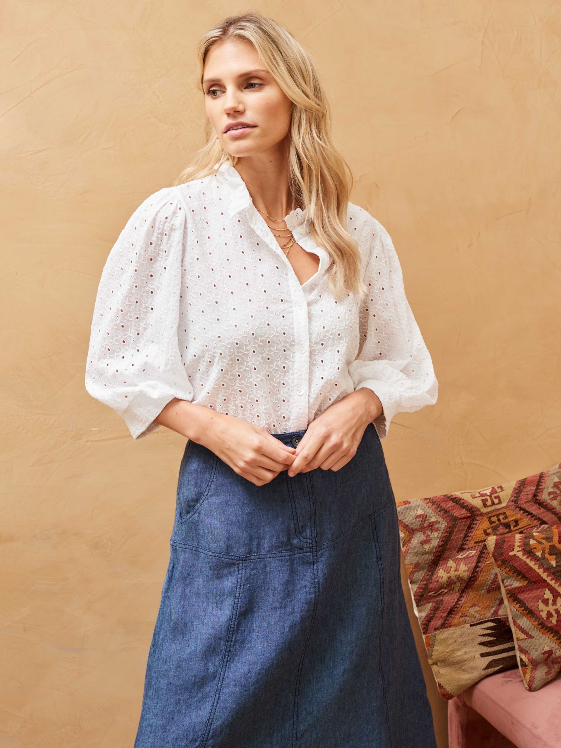 Buy Brora Organic Cotton Broderie Anglaise Blouse, White Online at johnlewis.com