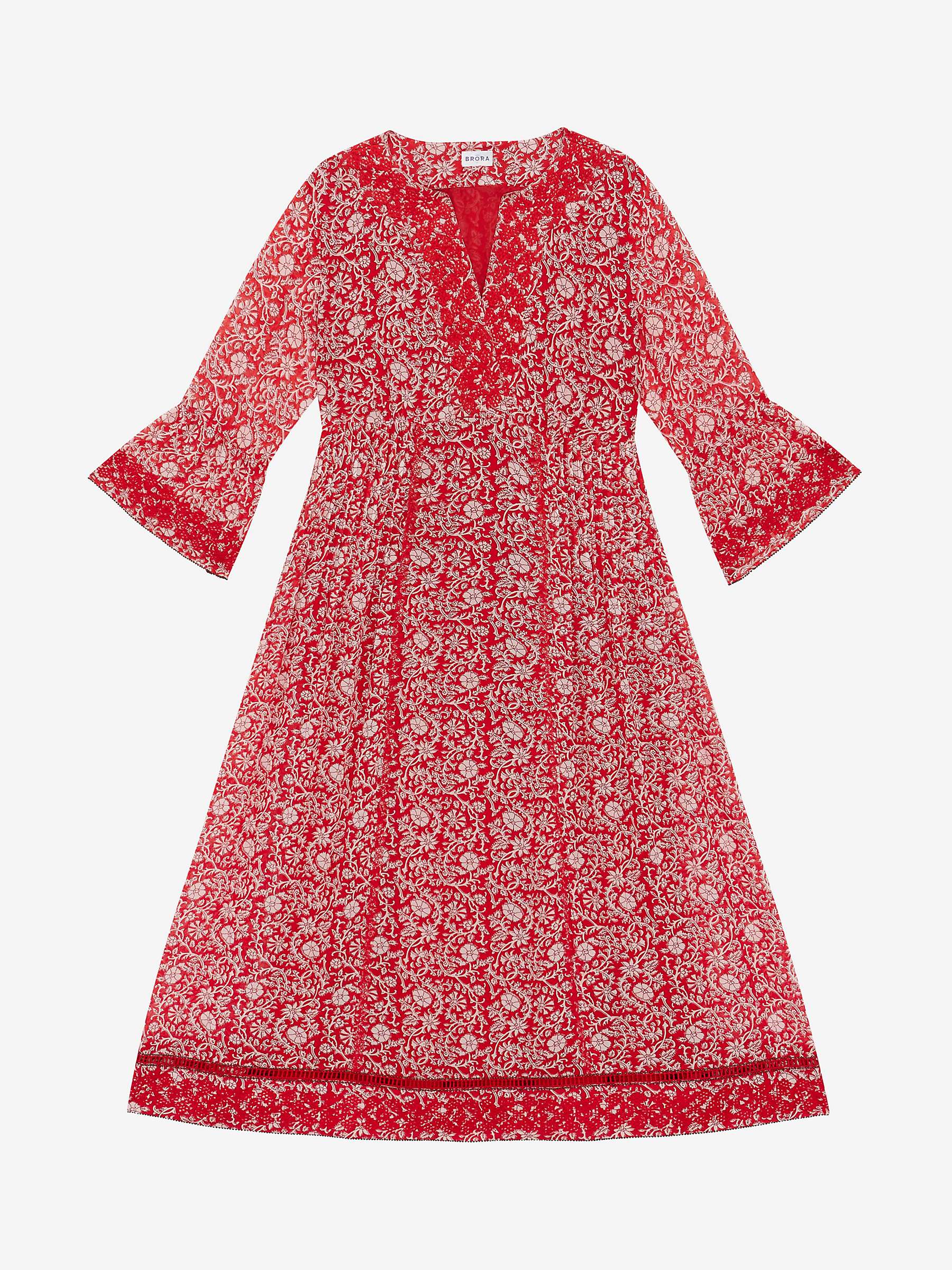 Buy Brora Botanical Print Embroidered Pintuck Silk Midi Dress, Crimson/Multi Online at johnlewis.com