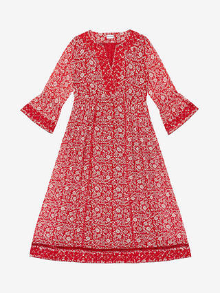 Brora Botanical Print Embroidered Pintuck Silk Midi Dress, Crimson/Multi