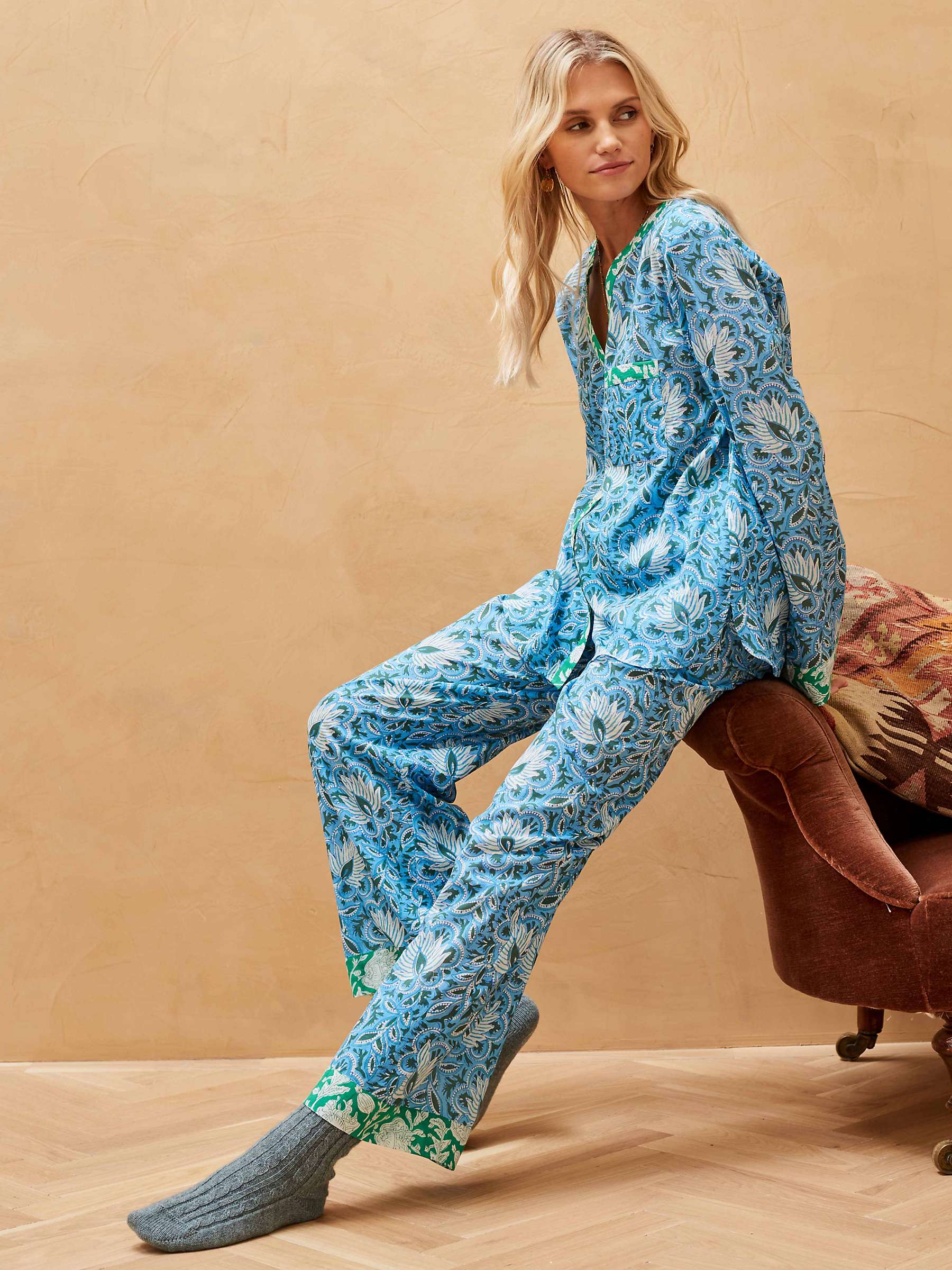 Buy Brora Organic Cotton Patchwork Pyjamas, Sky/Multi Online at johnlewis.com