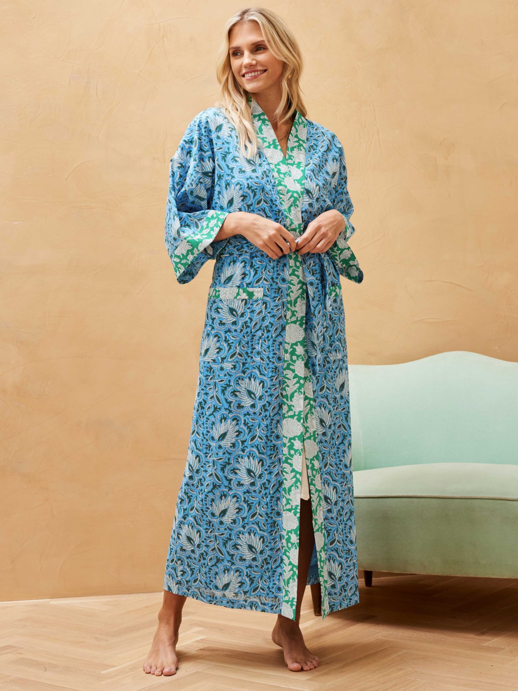 Buy Brora Organic Cotton Patchwork Dressing Gown, Sky/Multi Online at johnlewis.com