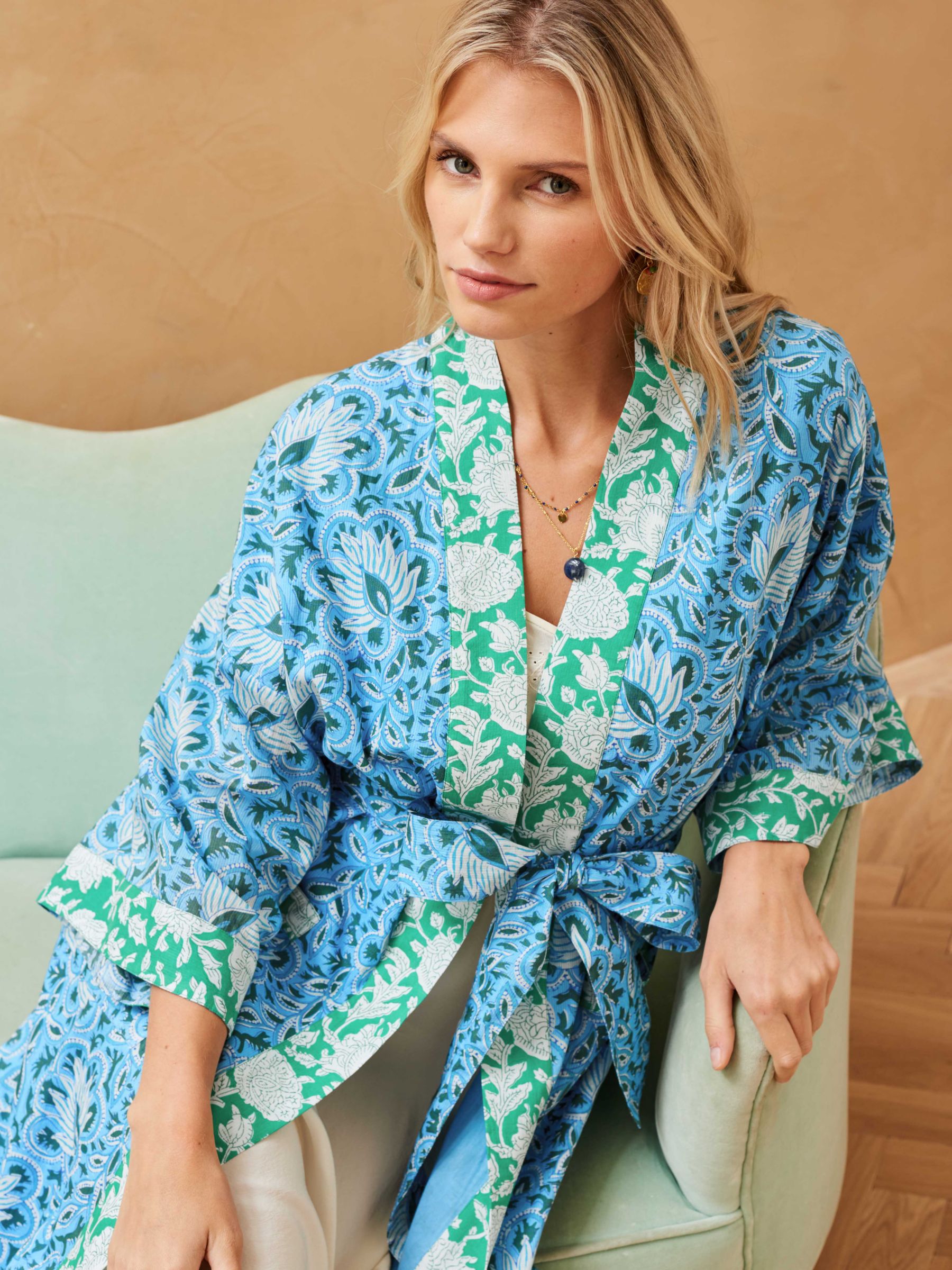 Buy Brora Organic Cotton Patchwork Dressing Gown, Sky/Multi Online at johnlewis.com