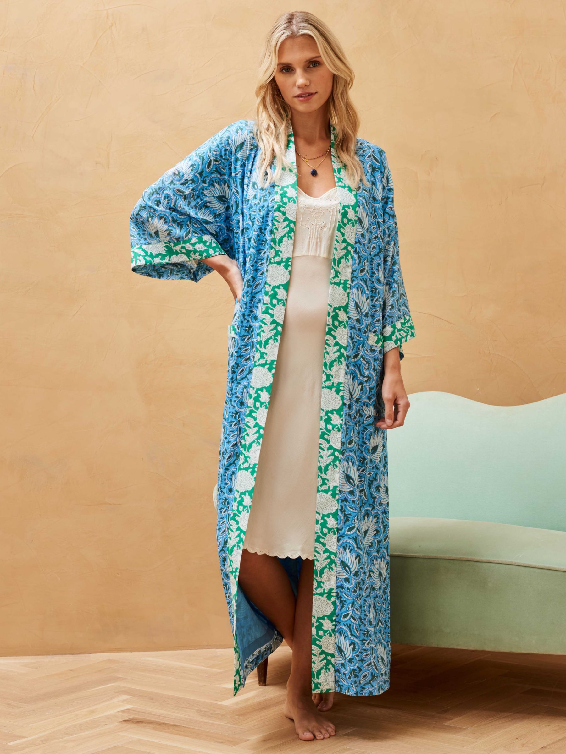 Buy Brora Organic Cotton Patchwork Dressing Gown, Sky/Multi Online at johnlewis.com