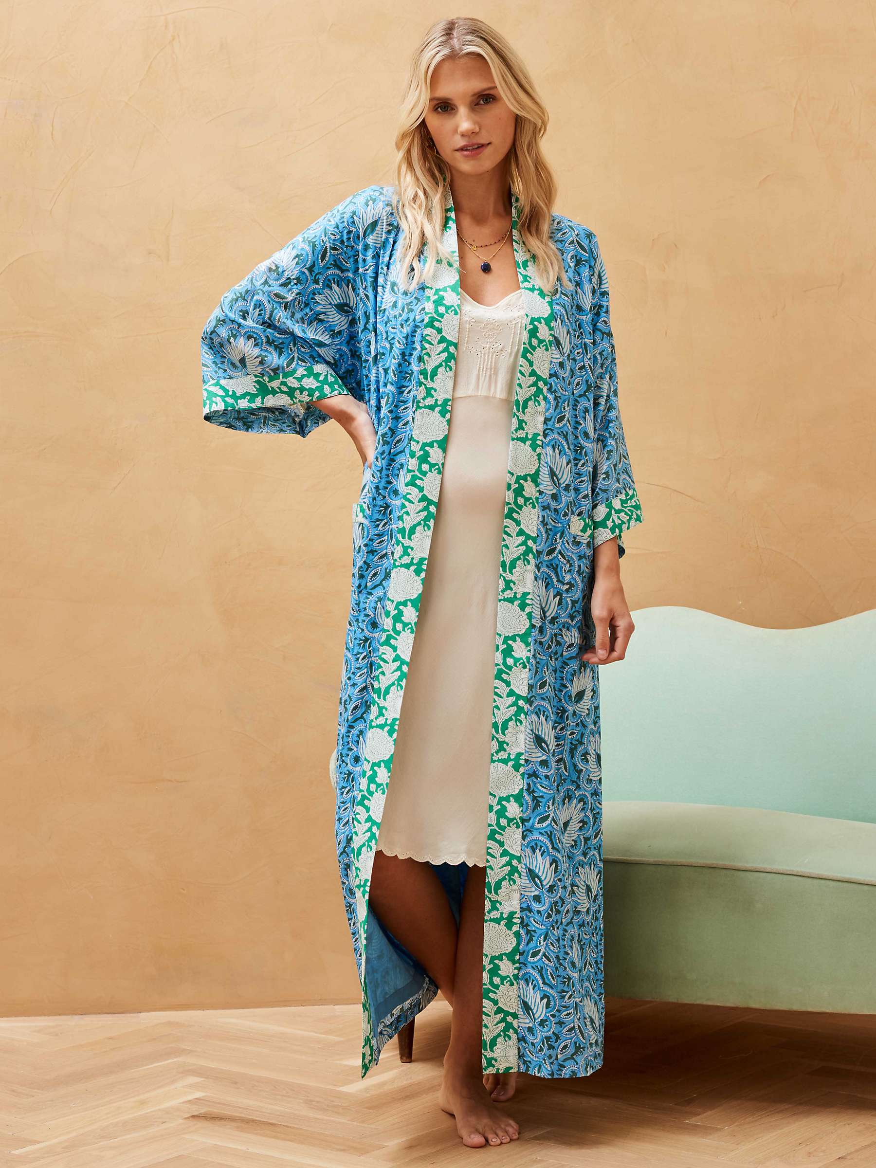 Buy Brora Organic Cotton Patchwork Dressing Gown, Sky/Multi Online at johnlewis.com