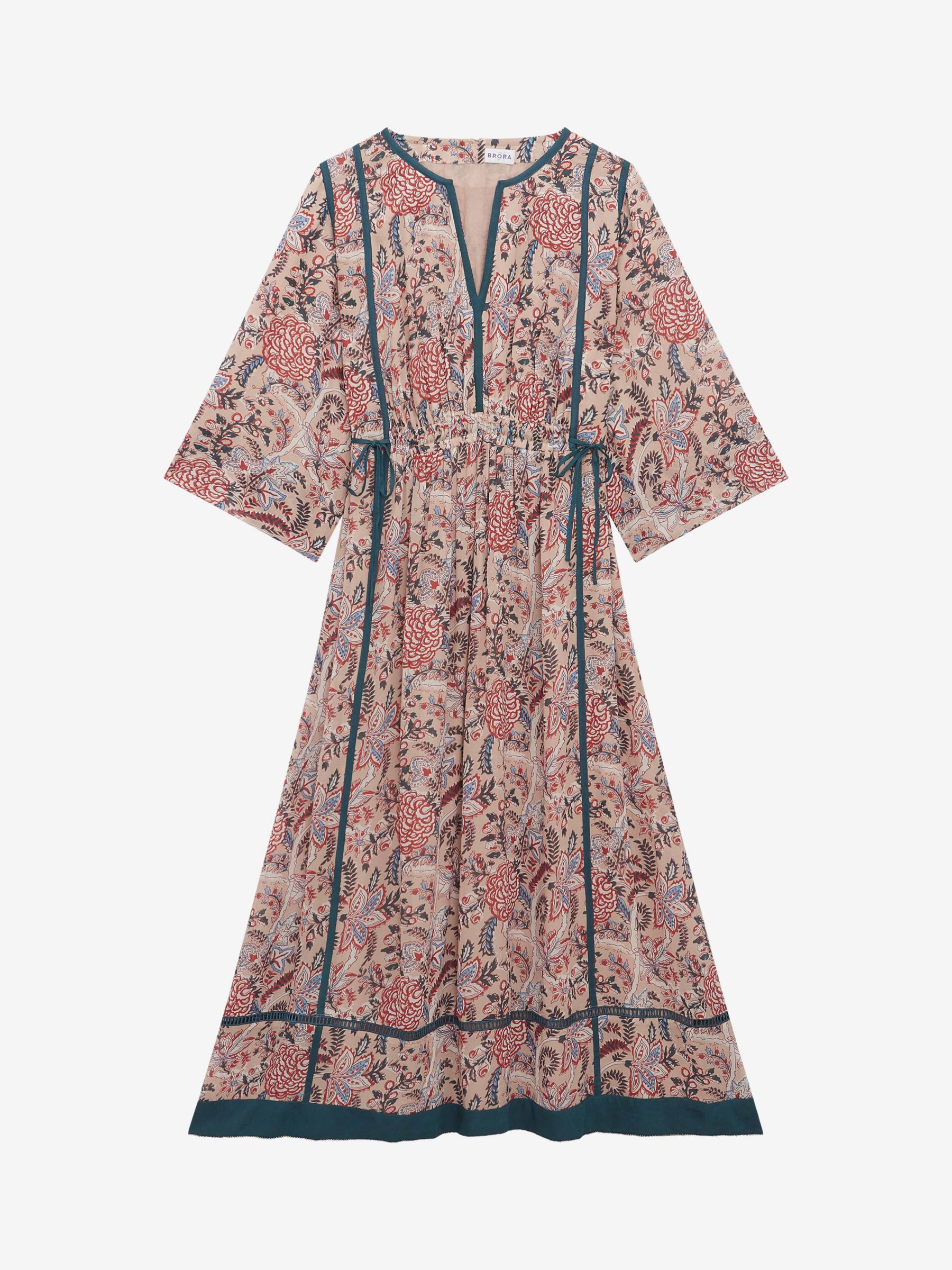 Brora Botanical Print Silk Midi Dress, Oyster/Multi, 6