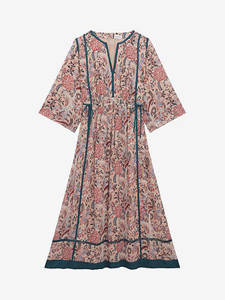 Brora Botanical Print Silk Midi Dress, Oyster/Multi