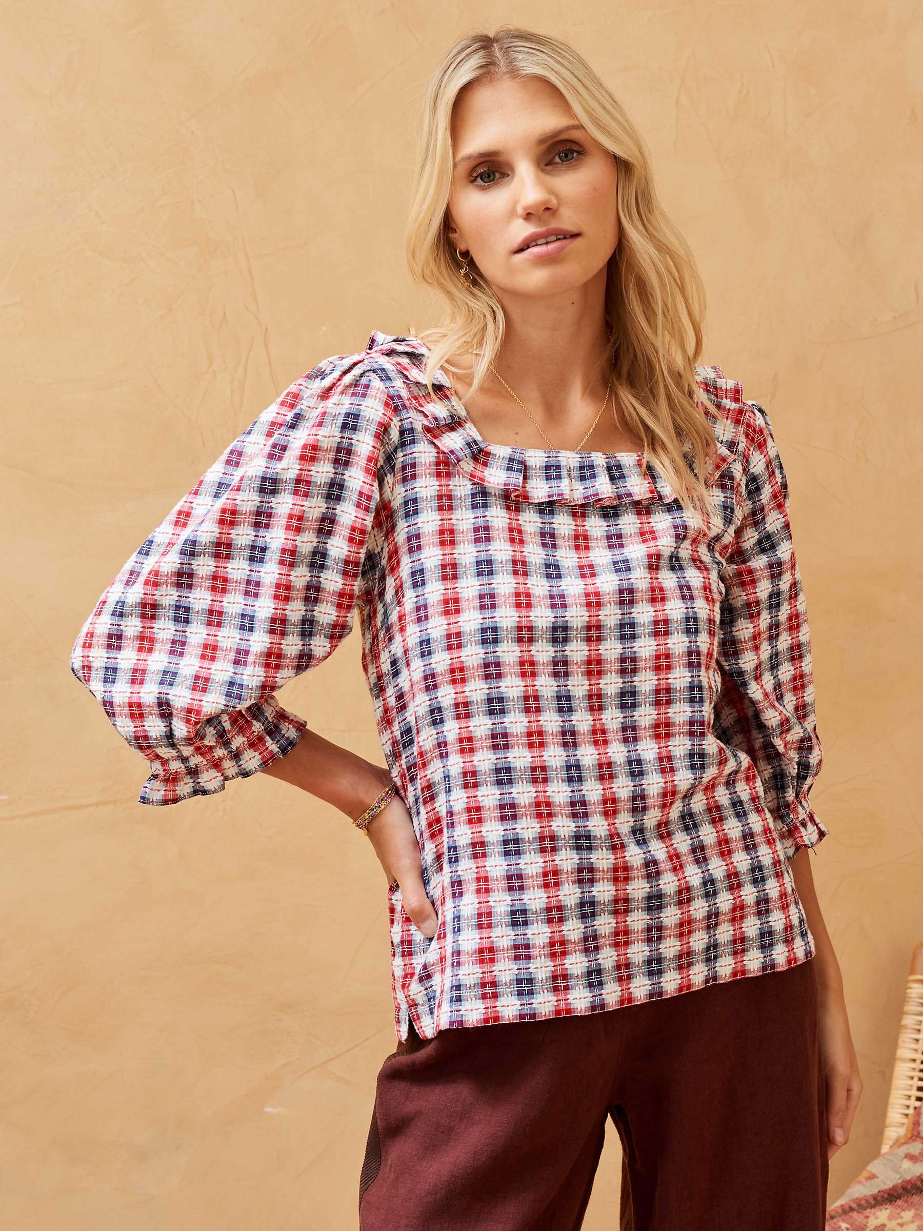 Buy Brora Check Embroidered Button Back Blouse, White/Multi Online at johnlewis.com
