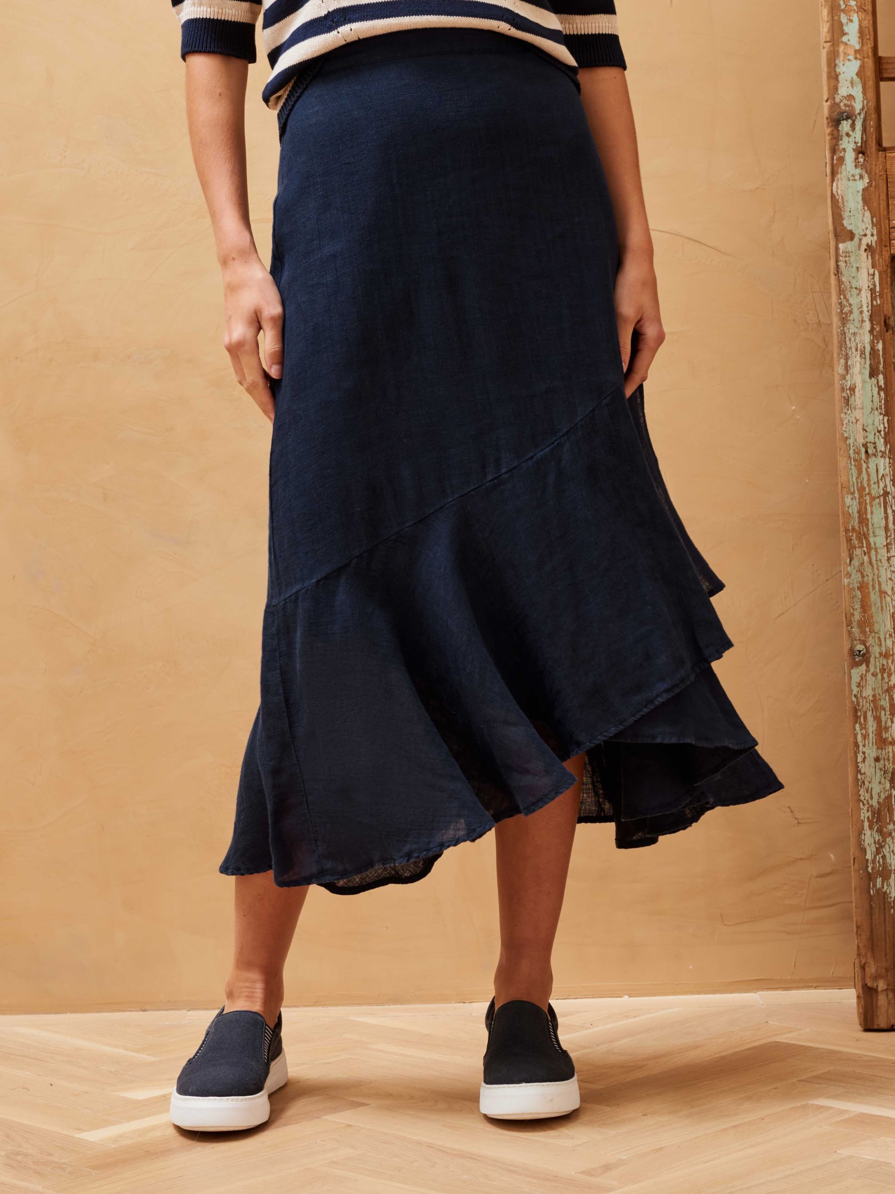 Buy Brora Gauxy Linen Frill Midi Skirt, Navy Online at johnlewis.com