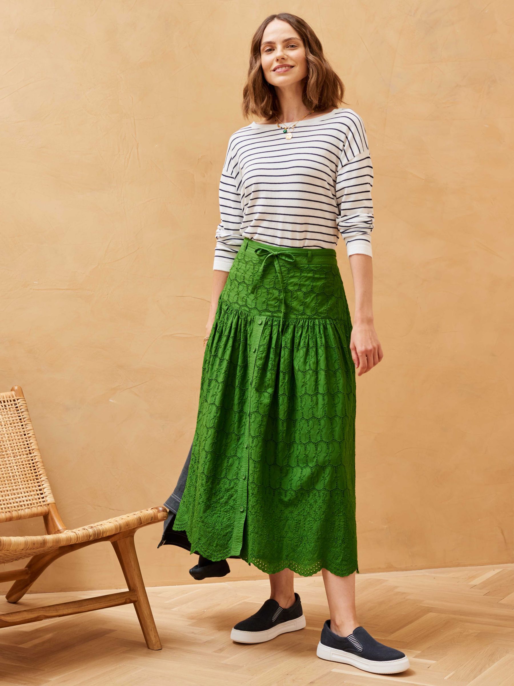 Buy Brora Cotton Broderie Anglaise Midi Skirt, Nettle Online at johnlewis.com