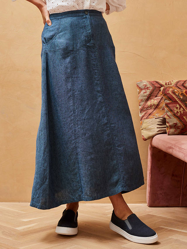Brora Cross Weave Linen Maxi Skirt, Indigo