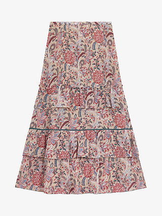 Brora Botanical Print Tiered Silk Midi Skirt, Oyster/Multi