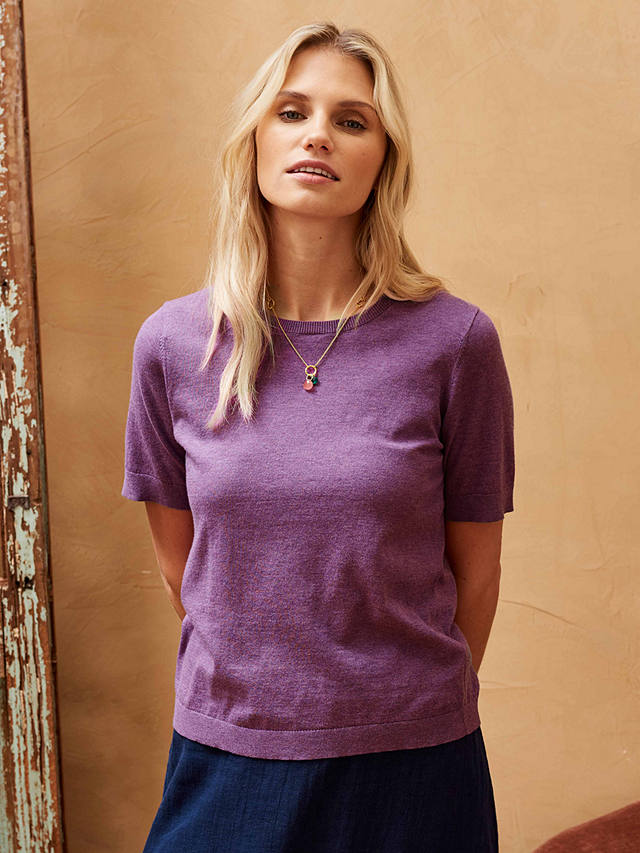 Brora Cotton Knitted Short Sleeve Top, Heather